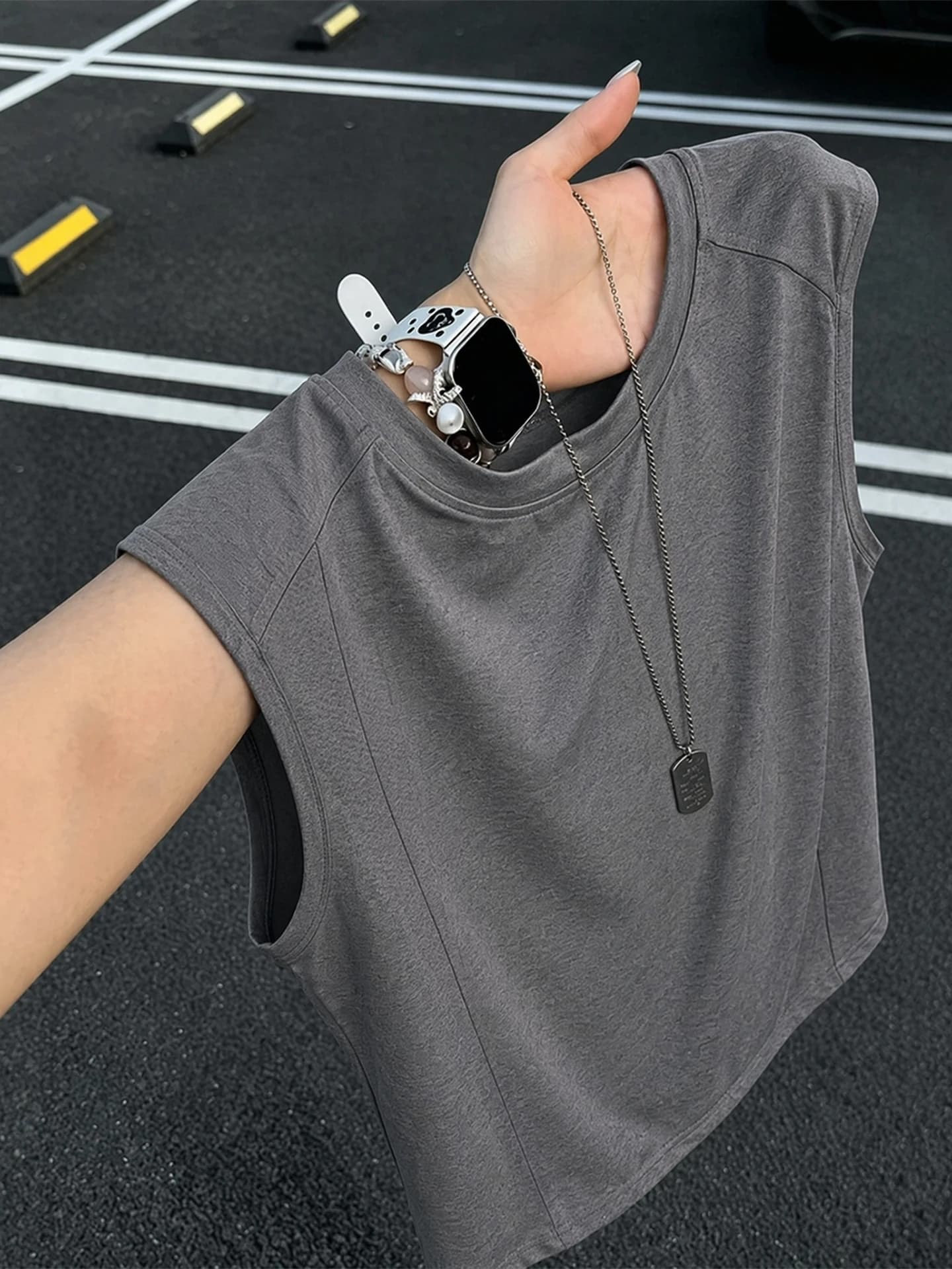 Deep Grey Ice Silk Cool round Neck Vest Men Summer Thin Quick Dry Breathable Sleeveless T-Shirt Casual Sports Shoulder Pad
