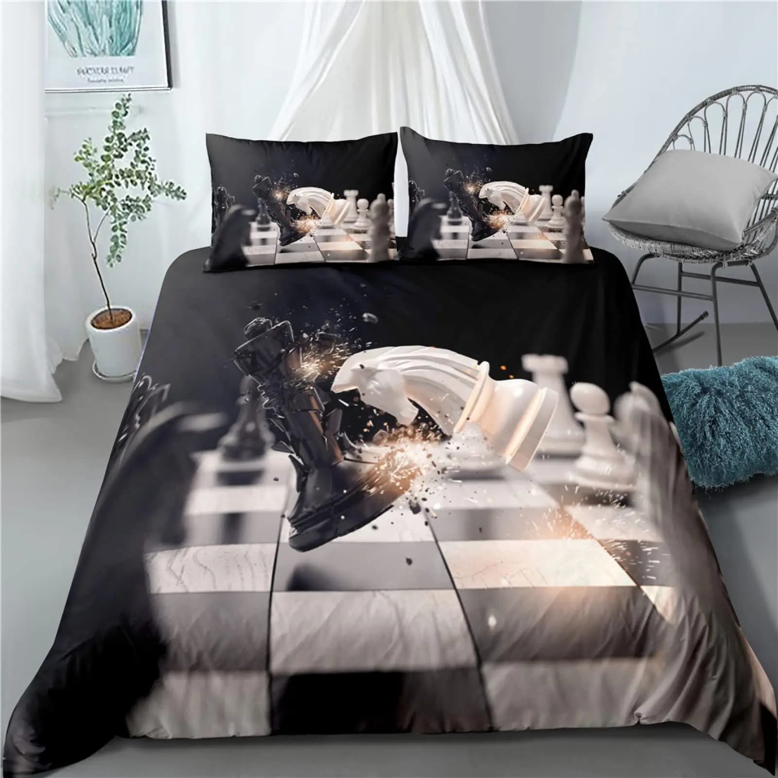 Set copripiumino per scacchi internazionale Set copripiumino a scacchiera con reticolo bianco nero Gioco da competizione per bambini Set biancheria da letto per adolescenti