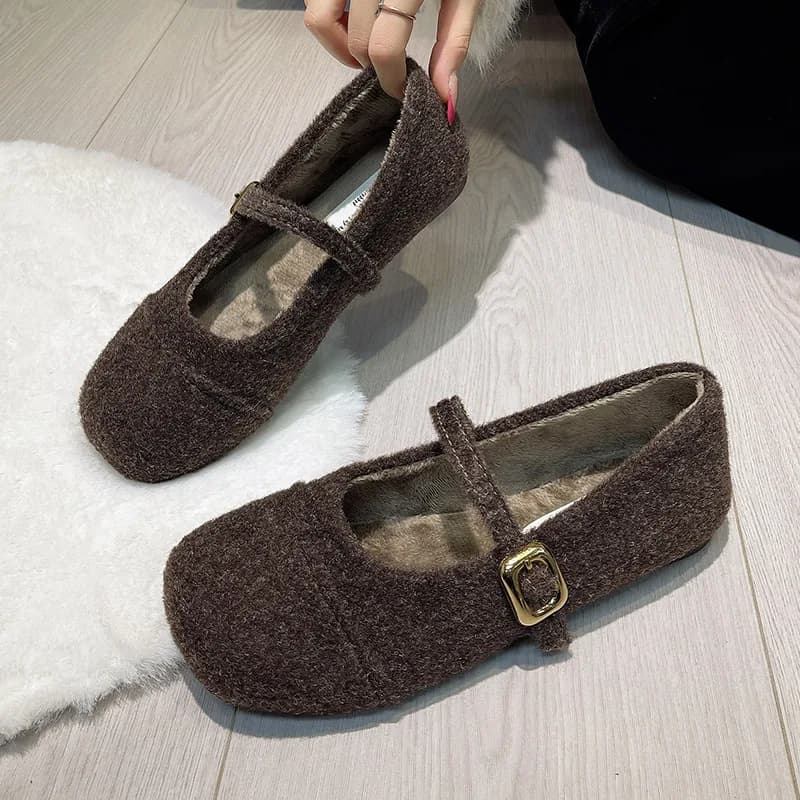 Fodera in pelliccia Scarpe basse da donna Comfort Punta tonda Scarpe con suola morbida Scarpe da esterno calde in peluche corte Mary Jane per l'autunno inverno