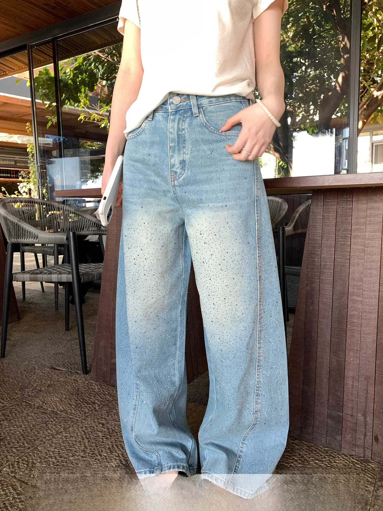 Sweet And Cool Style Heavy Rhinestone Denim Pants Women's High Waist Loose Slimming Wide Leg Jeans Casual Straight Leg Pants