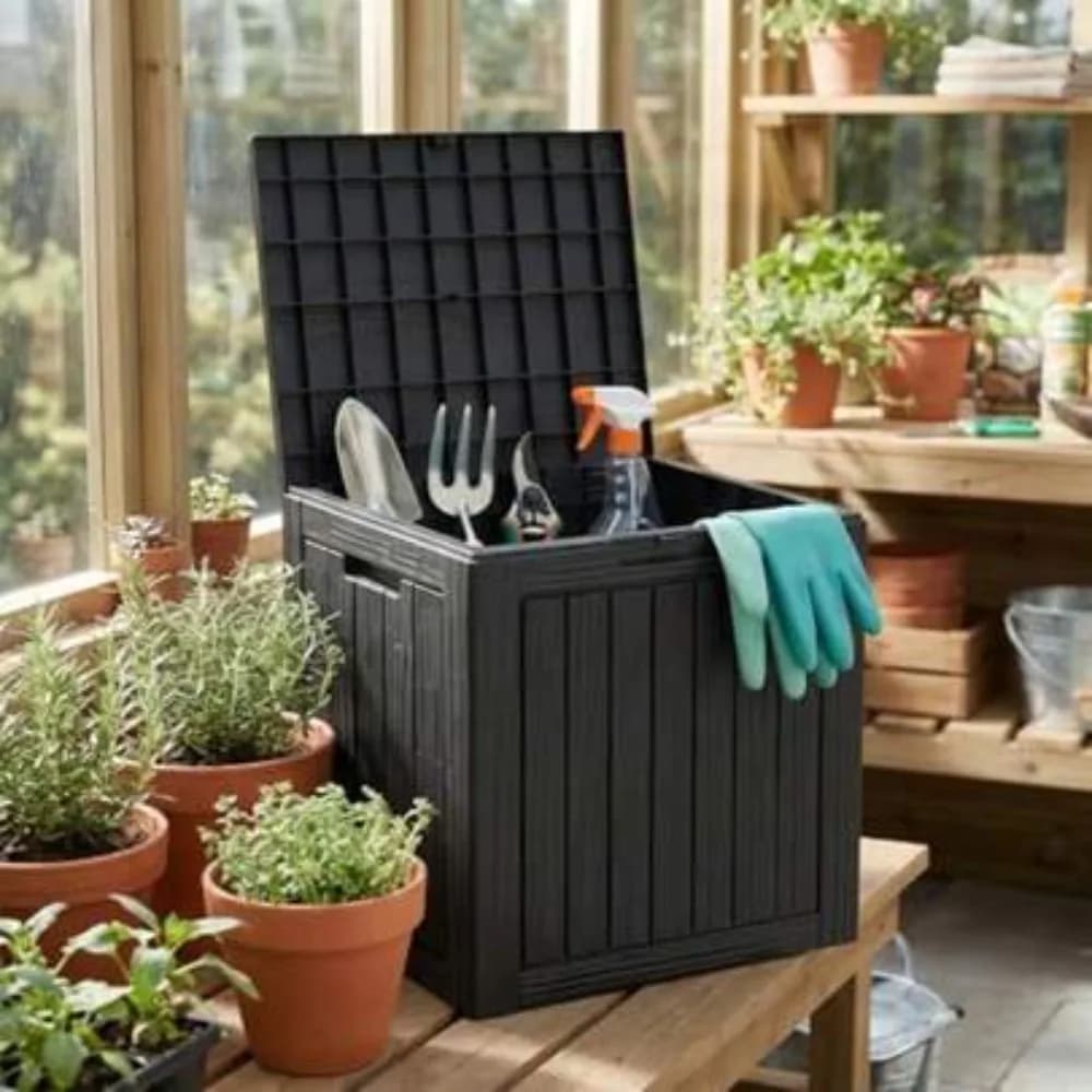 Waterproof Resin Outdoor Storage Box with Lockable Lid, Large Capacity Deck Box for Patio Furniture, Pool Accessories, Garden Tools, Storage Bench for Backyard, Porch, Weatherproof Outside Container with Hinged Top