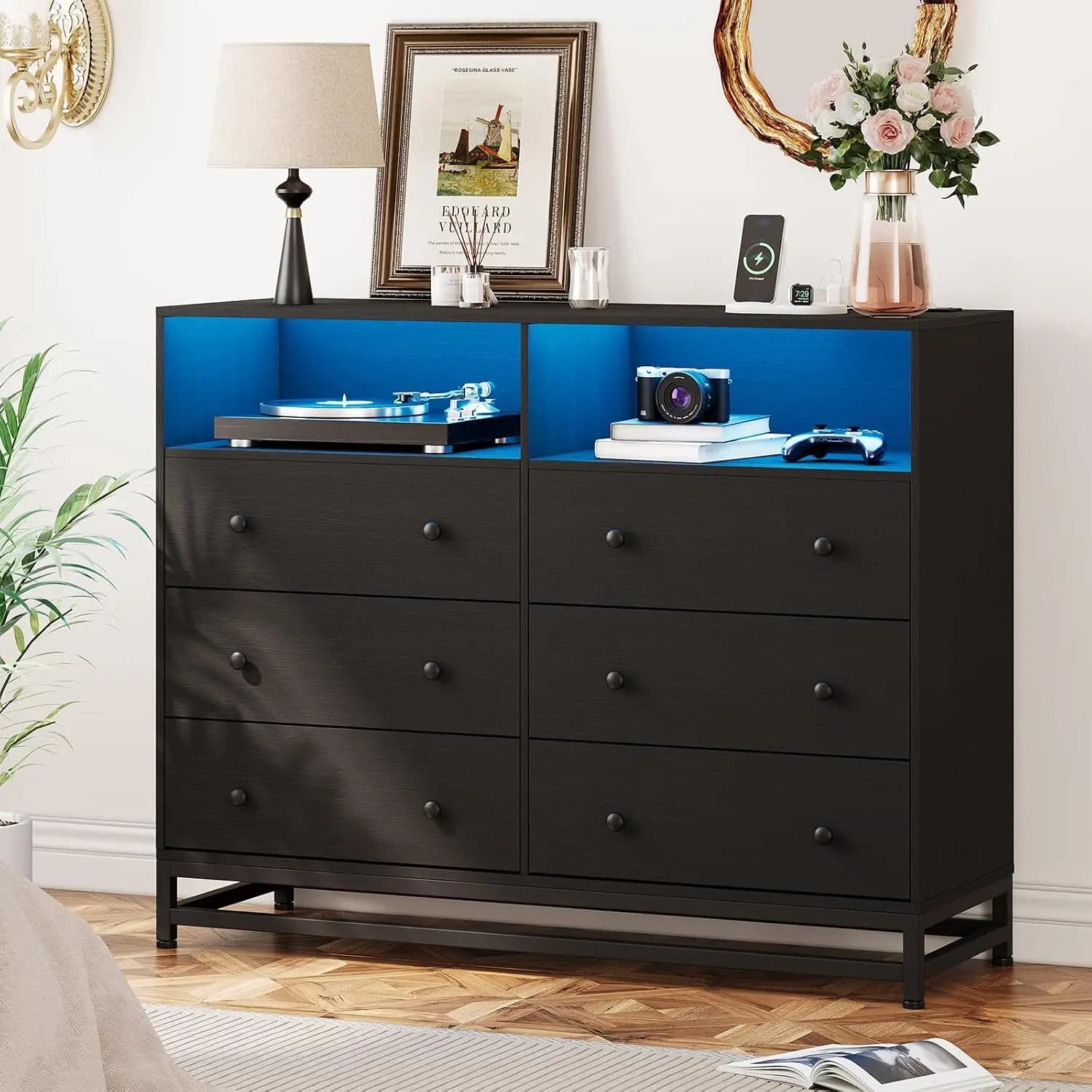 Modern Tall Television Stand with 6 Drawers & Storage Shelves, Entertainment Media Console Built-in Charging Station and RGB LED Light, Black TV Cabinet for Living Room and Bedroom