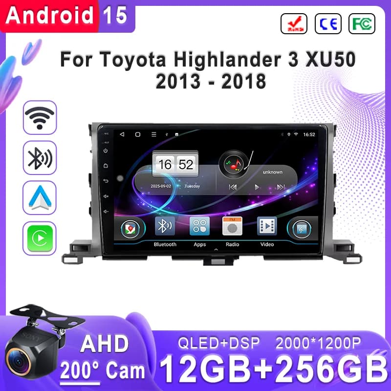 Plug and Play For Toyota Highlander 3 XU50 2013 Android 15 2K Incell Screen Player Navigation stereo GPS Screen Head Unit DVD BT