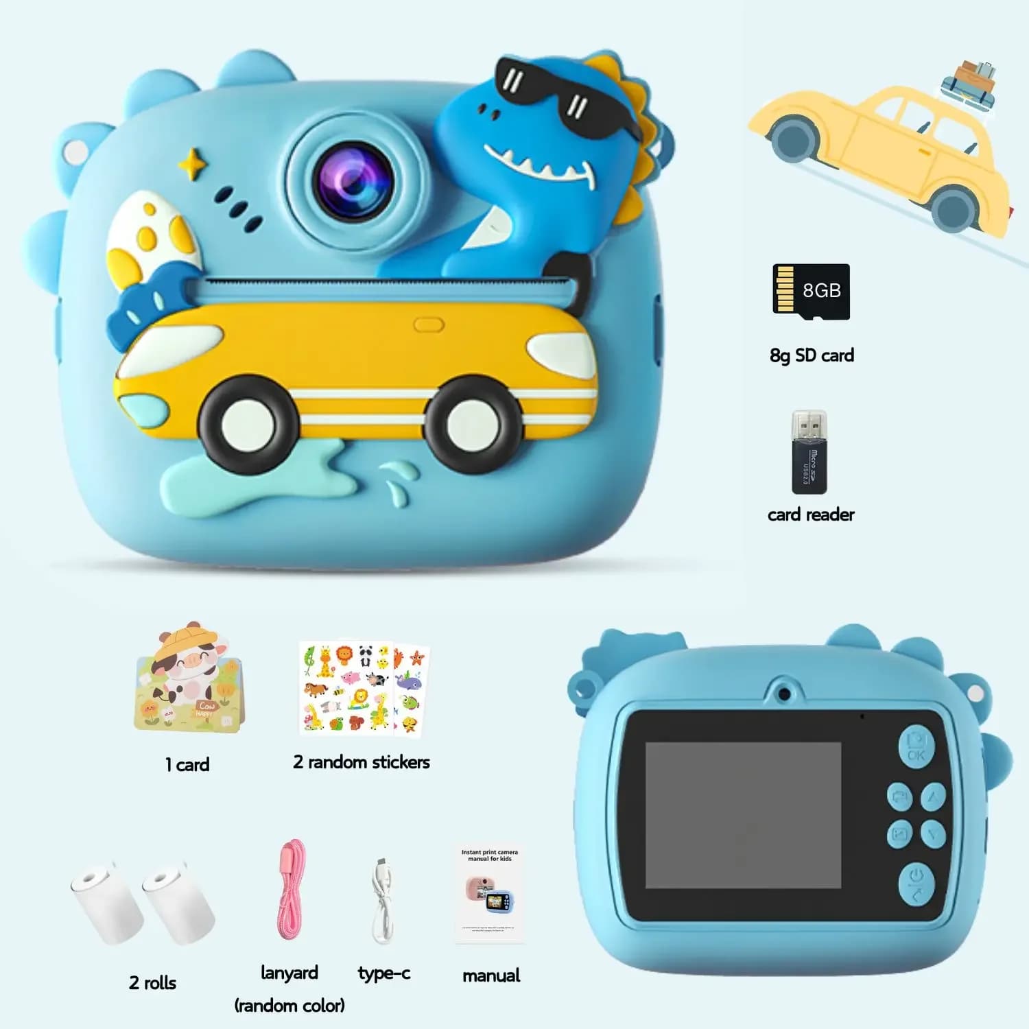 Set of small cameras with colored instant print for cute blue kids with SD card Gift for girl boy Small camera for printing video with photo card