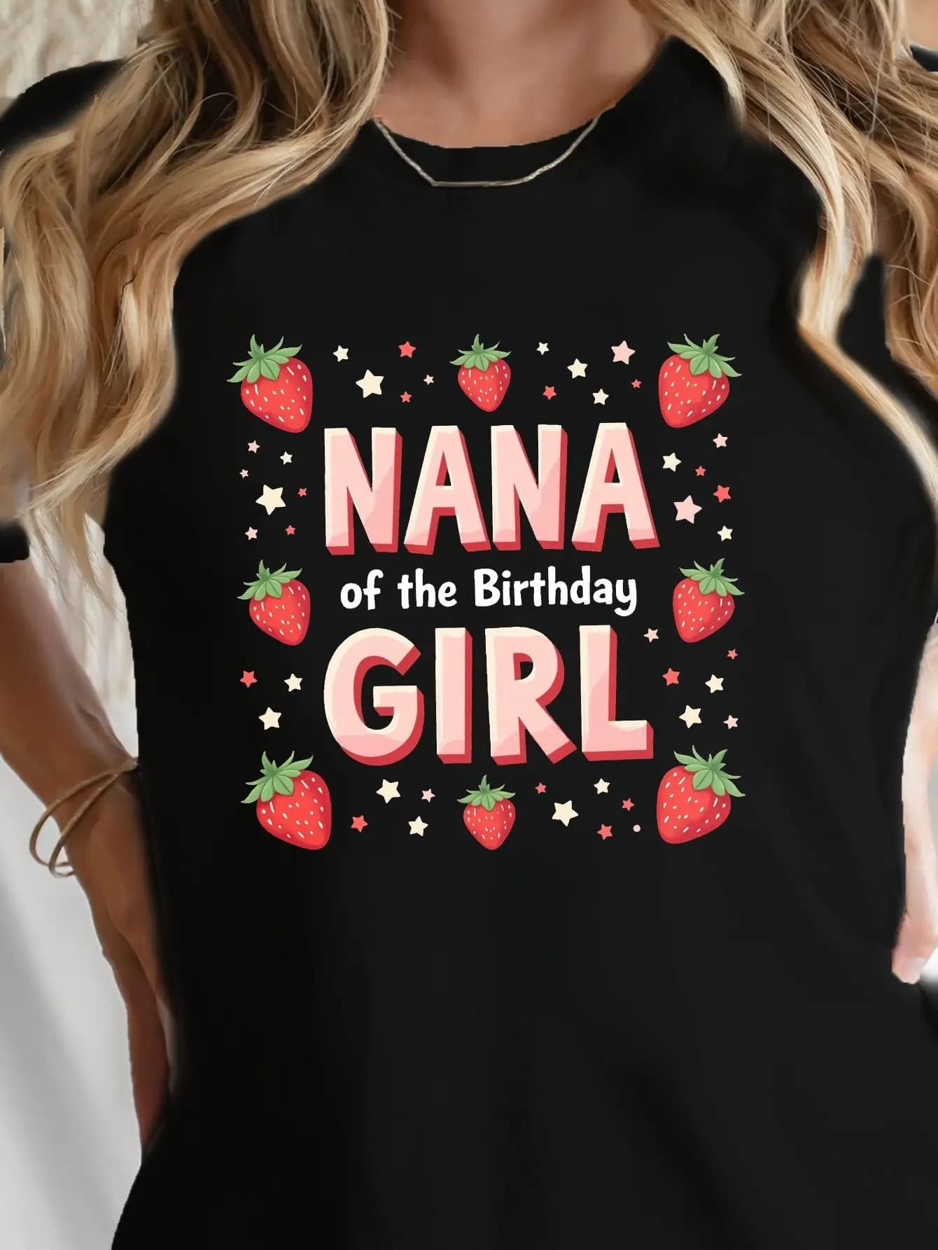Women's NANA OF THE BIRTHDAY Print T-Shirt - Birthday Text Short Sleeve Crew Neck Casual Top, Medium-Stretch Fit for Birthday Outfits & Casual Attire, Spring Summer Blouse