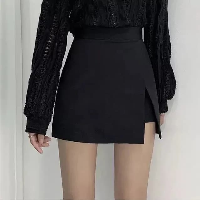 Minigonne Nere da Donna con Spacchi Laterali Irregolari, Vita Alta, Gonne a Pantaloncino a Trapezio, Moda Coreana Estiva, Gonna Avvolgente Chic Femminile