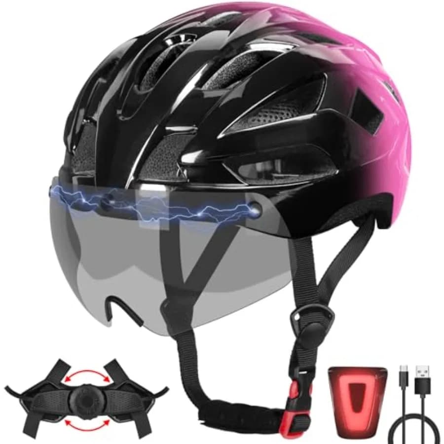Casco da Bicicletta per Adulti, Leggero, con Luce LED e Occhiali Magnetici, Cavo di Ricarica USB Incluso, per Ciclismo