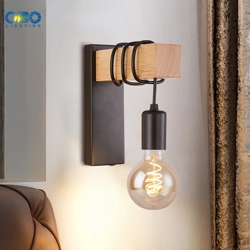 Lampada da parete in legno retrò Lampada da parete vintage Sconce E27 Decorazioni per la casa per interni Sala da pranzo Lampada da comodino Illuminazione per camera da letto