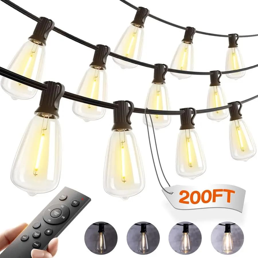 Luci a Corda da Esterno 200FT/50FT/4 con Telecomando, Luci da Patio Impermeabili Certificate ETL con Lampadine LED ST38 Infrangibili e Dimmerabili