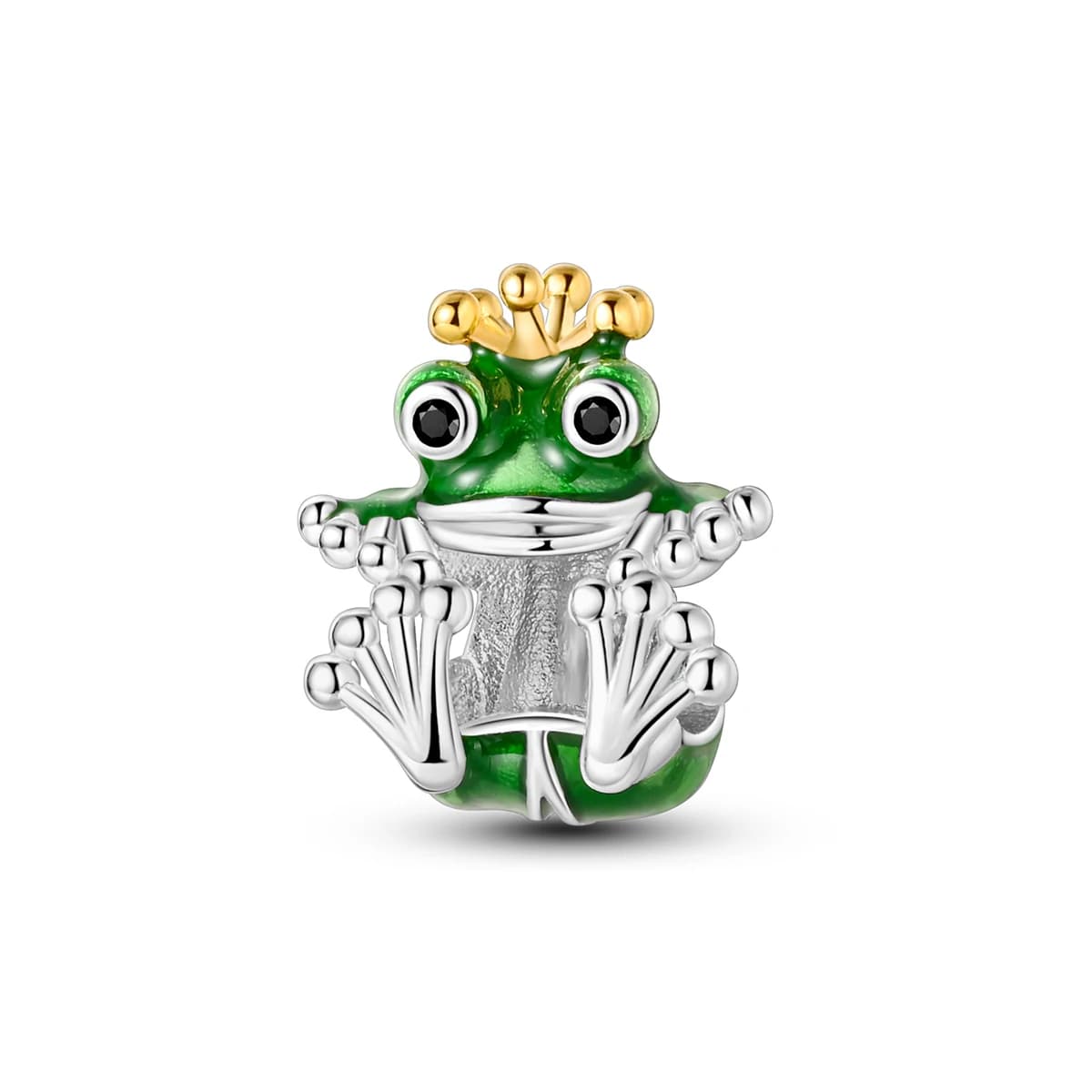 Charm in Argento Sterling 925 a Forma di Principe Rana con Corona Dorata e Perla in Smalto Verde, Compatibile con Bracciali e Collane Originali, Regalo DIY per Donne