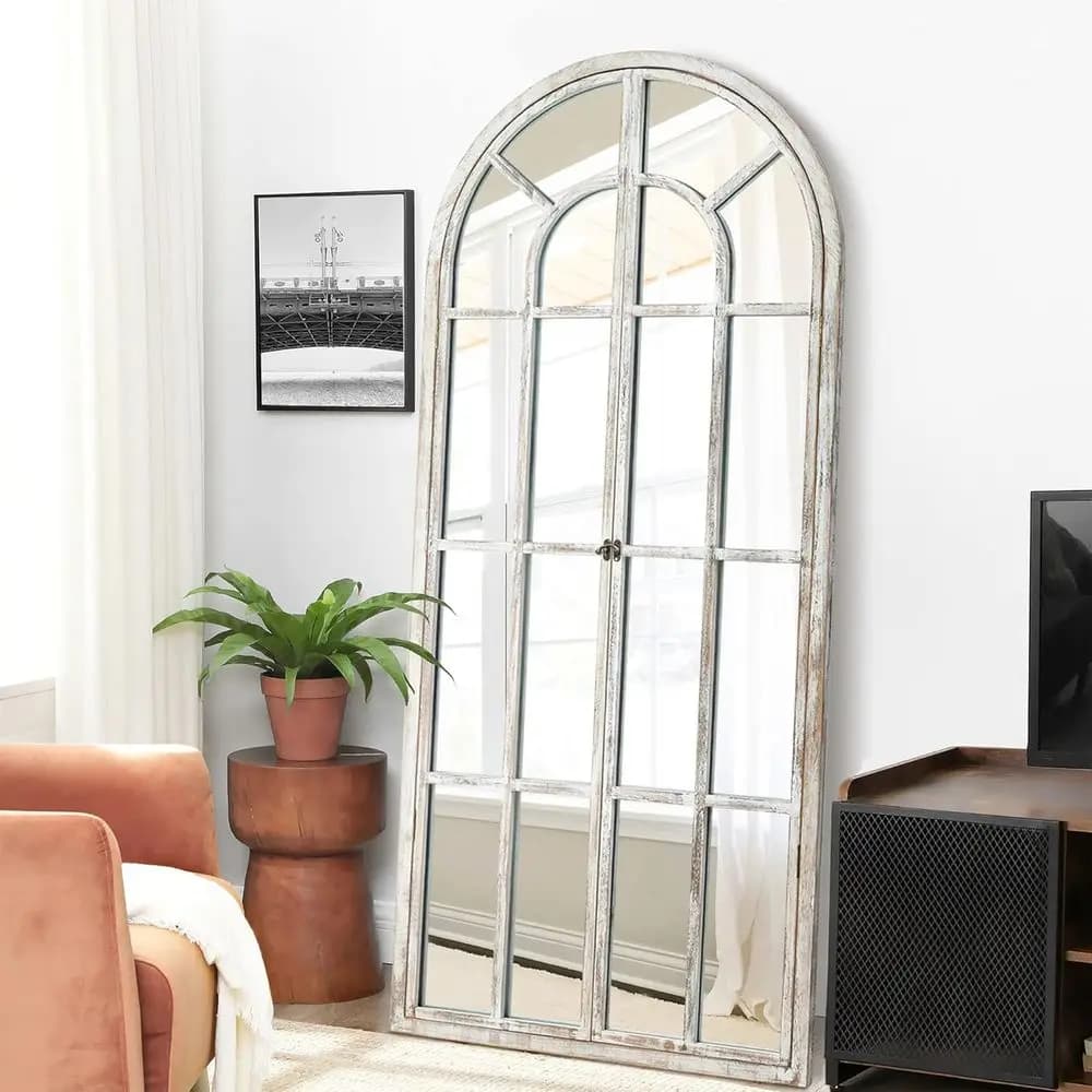 Specchio da parete rustico ad arco da 71 pollici, finitura bianco anticato per soggiorno, bagno o camera da letto