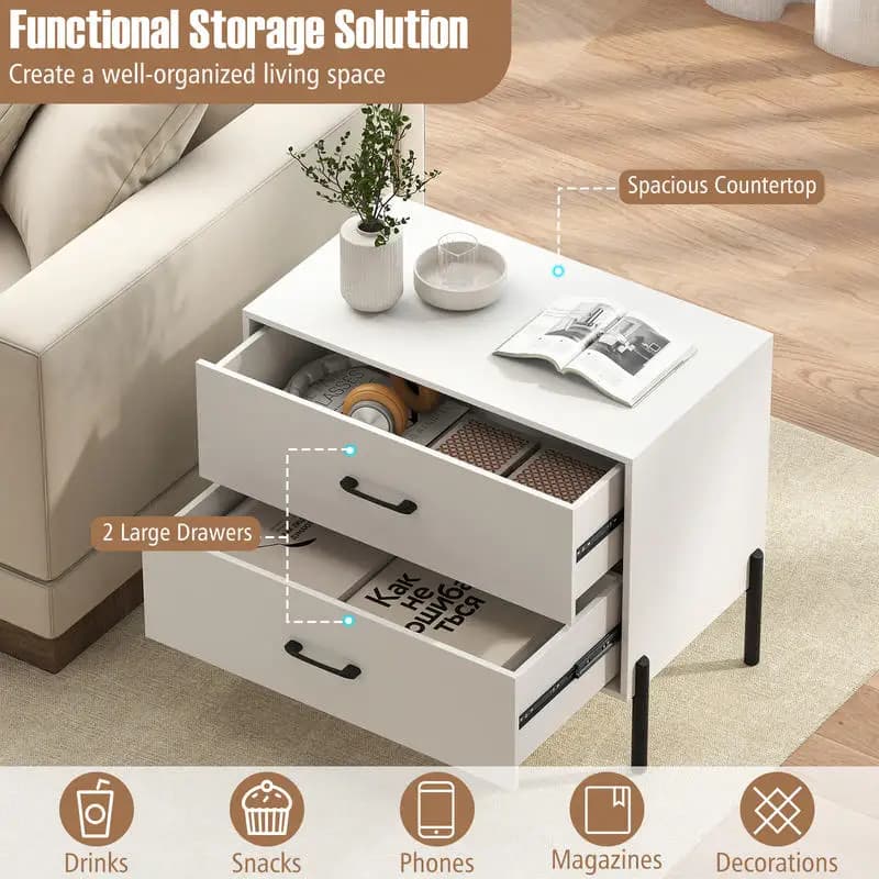 Comodino Moderno in Legno con 2 Cassetti, Gambe e Maniglie in Metallo - Bianco