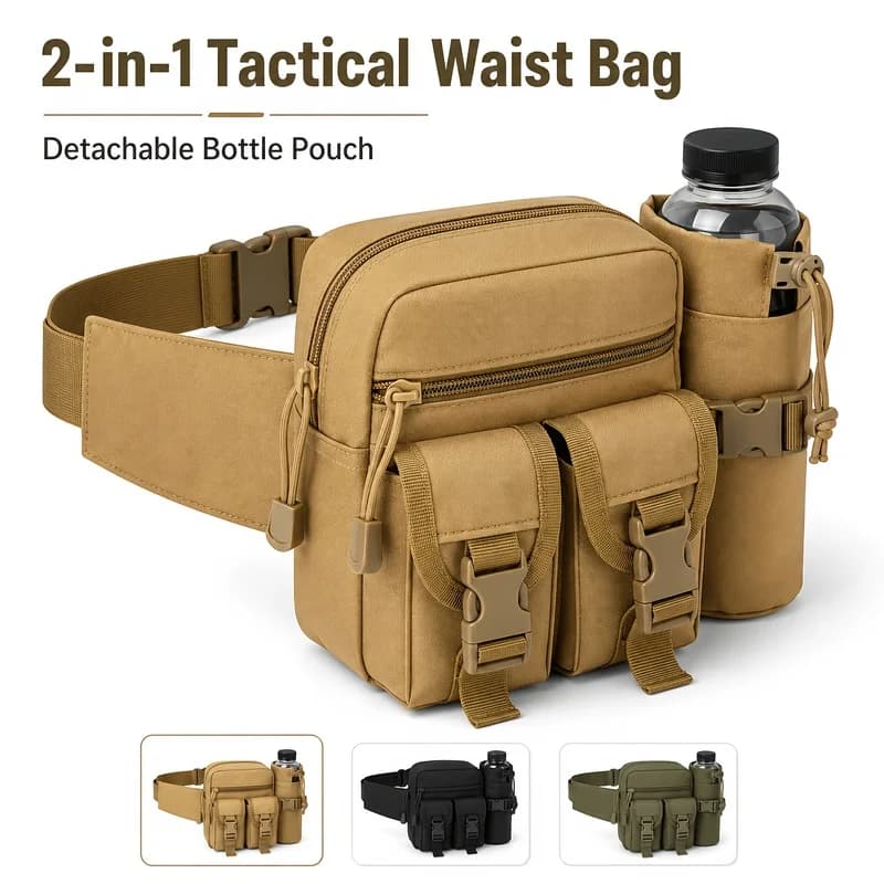 2-In-1 Oxford Waist Bag With Detachable Bottle Pouch Multi-Pocket Outdoor Belt Pack For Hiking Fishing Cycling Travel
