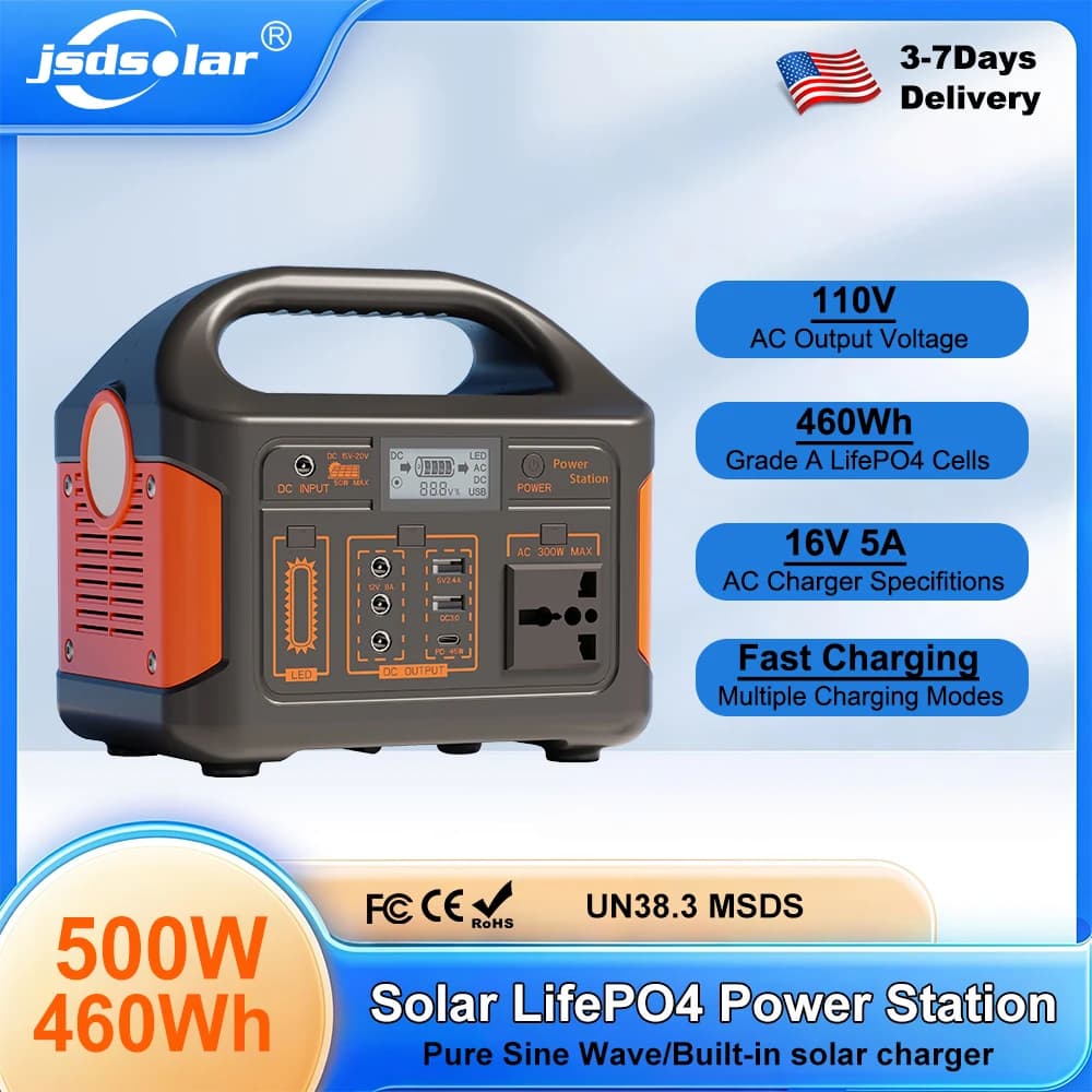 jsdsolar Power Bank 460WH 500W per Campeggio Esterno, Batteria Mobile LiFePO4 220V con Spina USA, Caricatore Solare Intelligente, Generatore Elettrico