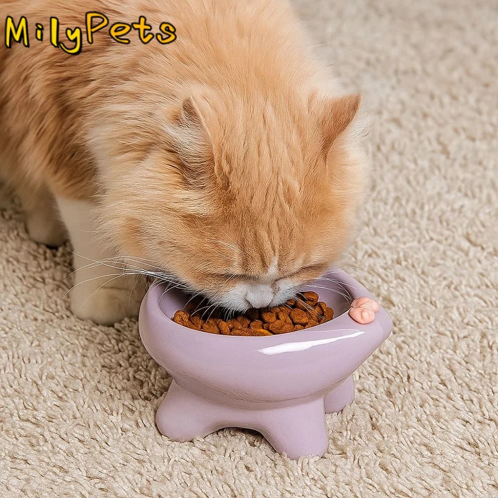 Bow-Tie High-Leg Cat Bowls Anti-Slip Neck Protection Ceramic Pet Bowls Cute Large-Diameter Pet Food Bowls for Cats and Dogs