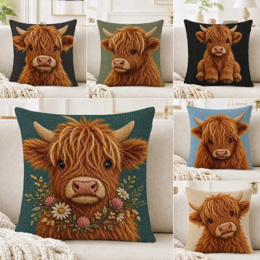 Pattern 2D Flat-Printed Highland Cow Cushion Cover Linen Cushion Cover, Double-Sided Printed Pillow Cover for Sofa Home Decor
