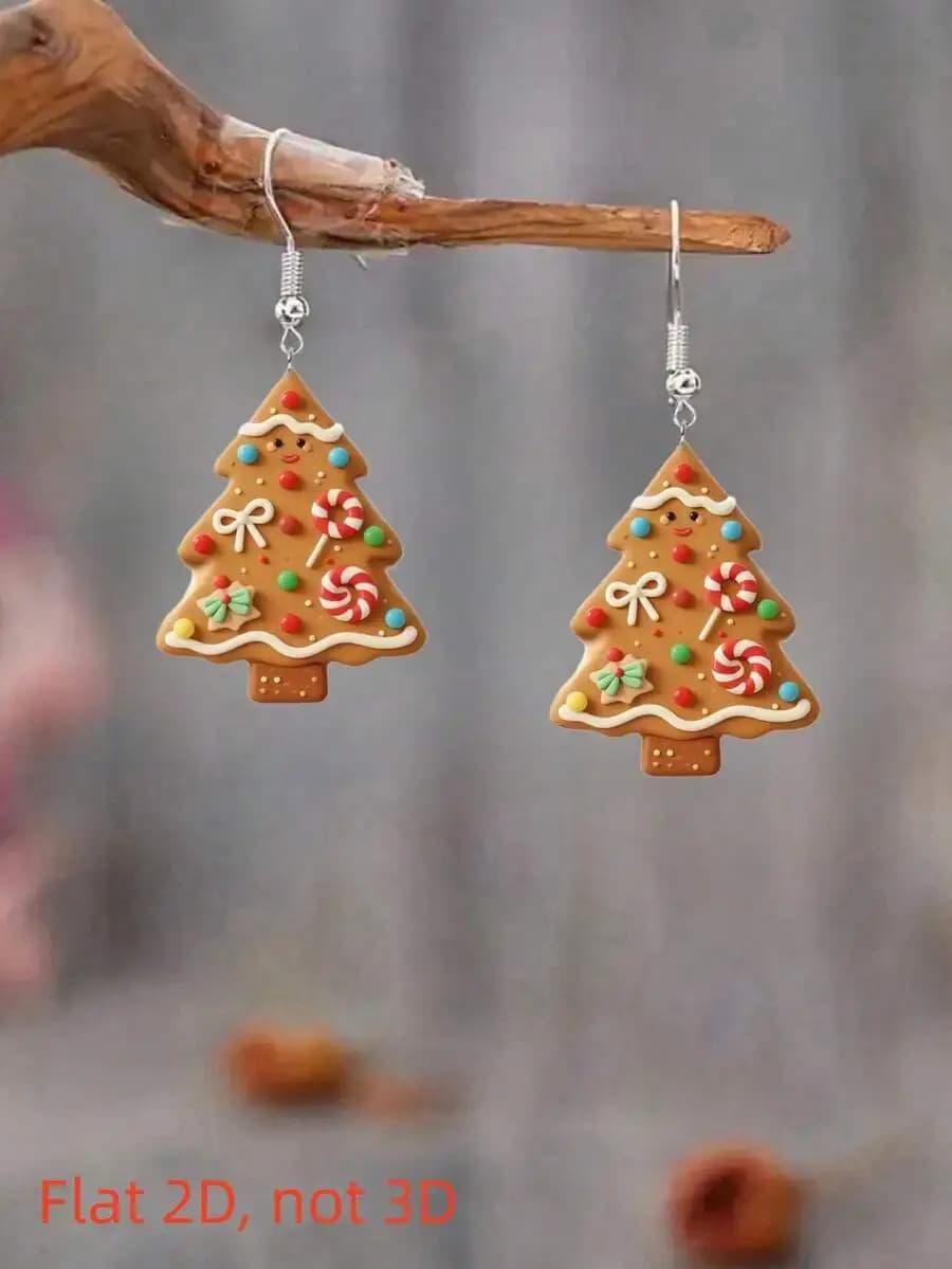 2pcs Cute Christmas Tree Shaped Gingerbread Man Acrylic Double-Sided Printed Pendant Earrings, Fashionable Lightweight Adorable