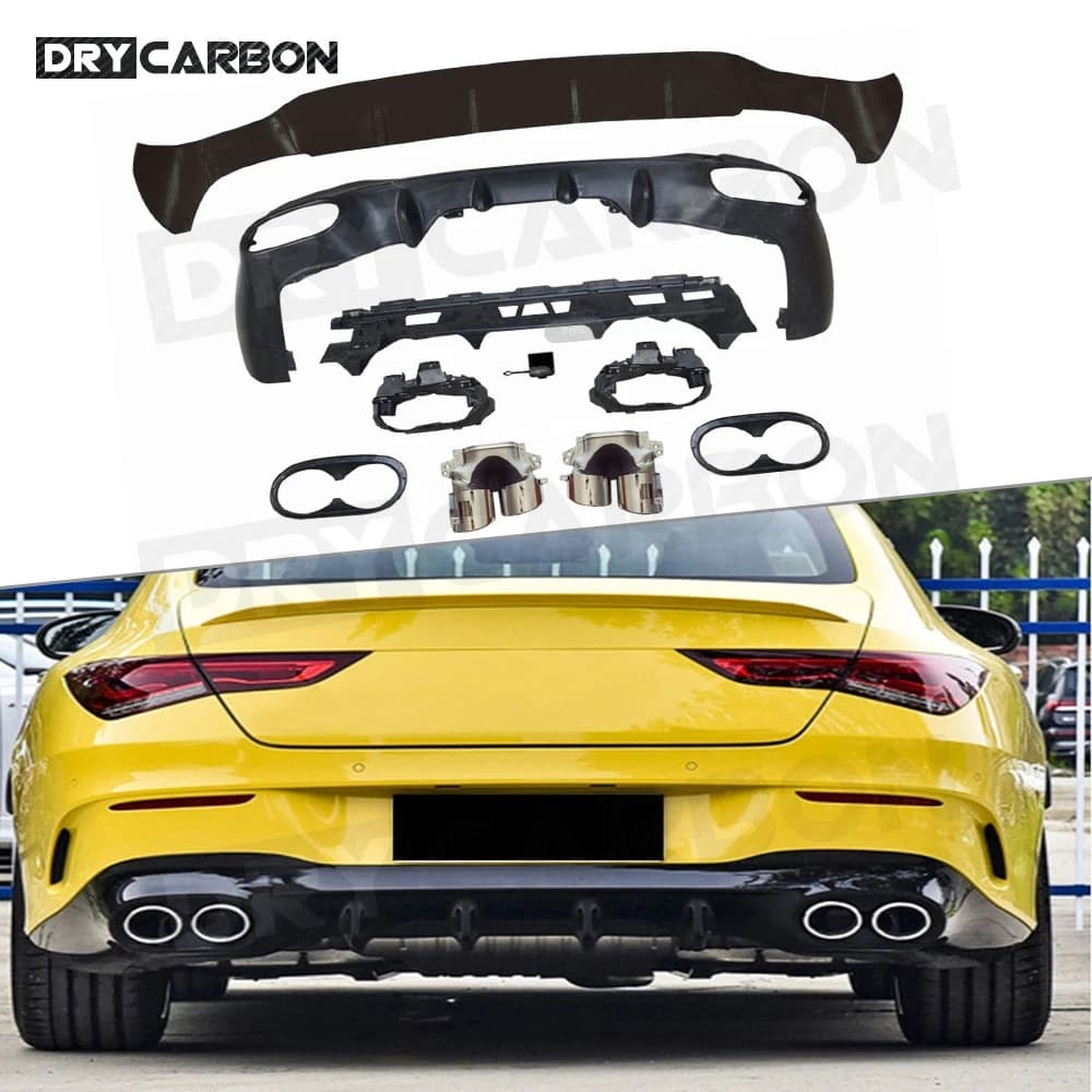Rear diffuser in PP, Spoiler for bumper, Scarico Silencer, Benz W118 C118 CLA180 CLA200 CLA250 CLA35 45 AMG 2020 2021