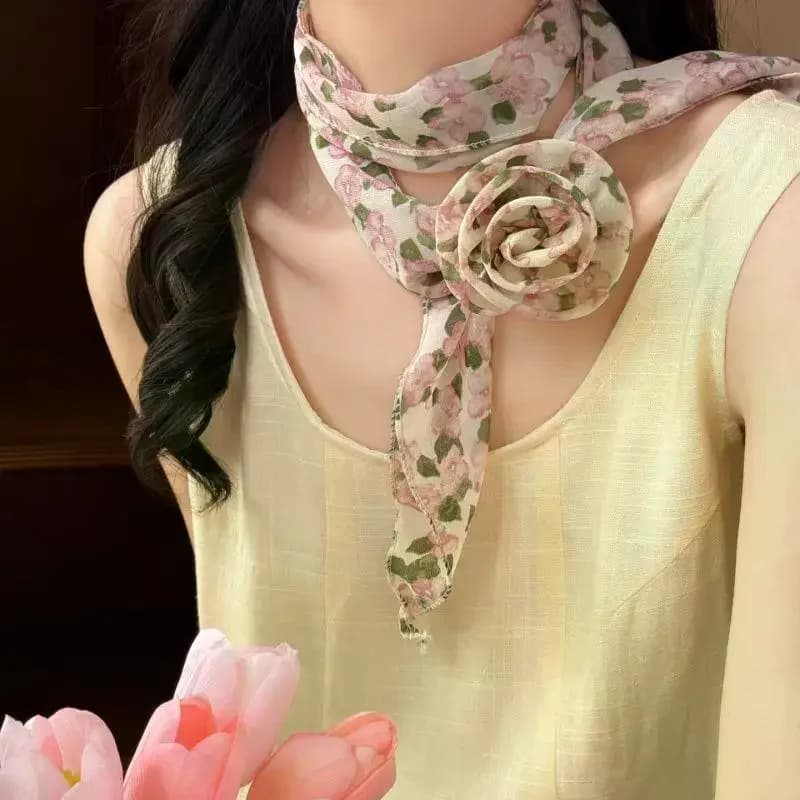 Sciarpa floreale in chiffon con decorazioni a forma di rosa, dolce sciarpa da collo per donna, accessorio casual per camicia o abito.