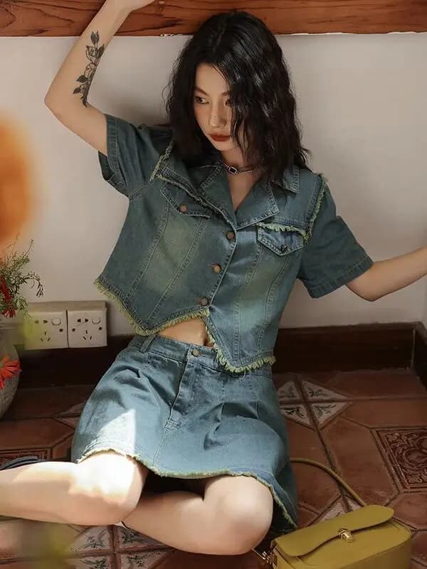 Slimming Large Size Short Denim Jacket And Skirt Set for Women Summer Thin Tassel Two Piece Set Casual Style Fashionable