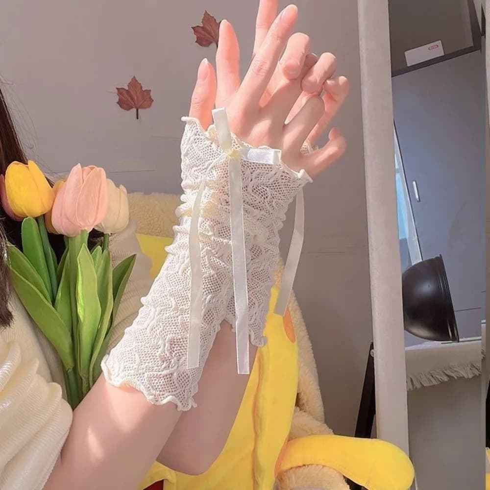 Gift Ruffle Mesh Fishnet Socks Floral Bowknot Thin Lace Stockings Mid-leg Summer Lace Calf Socks Ballet Style
