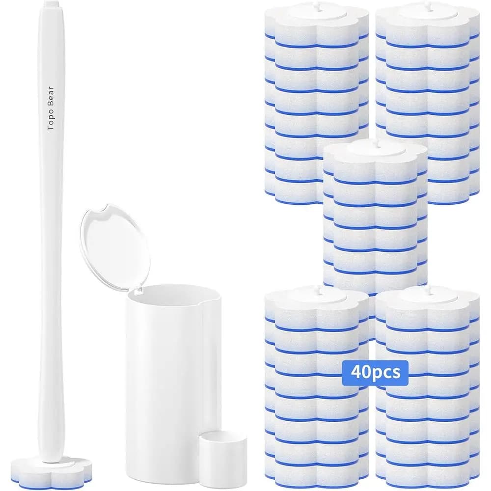Disposable toilet brush with 40 spare parts for handle, toilet cleaning sticks, initial kit for toilet cleaning system