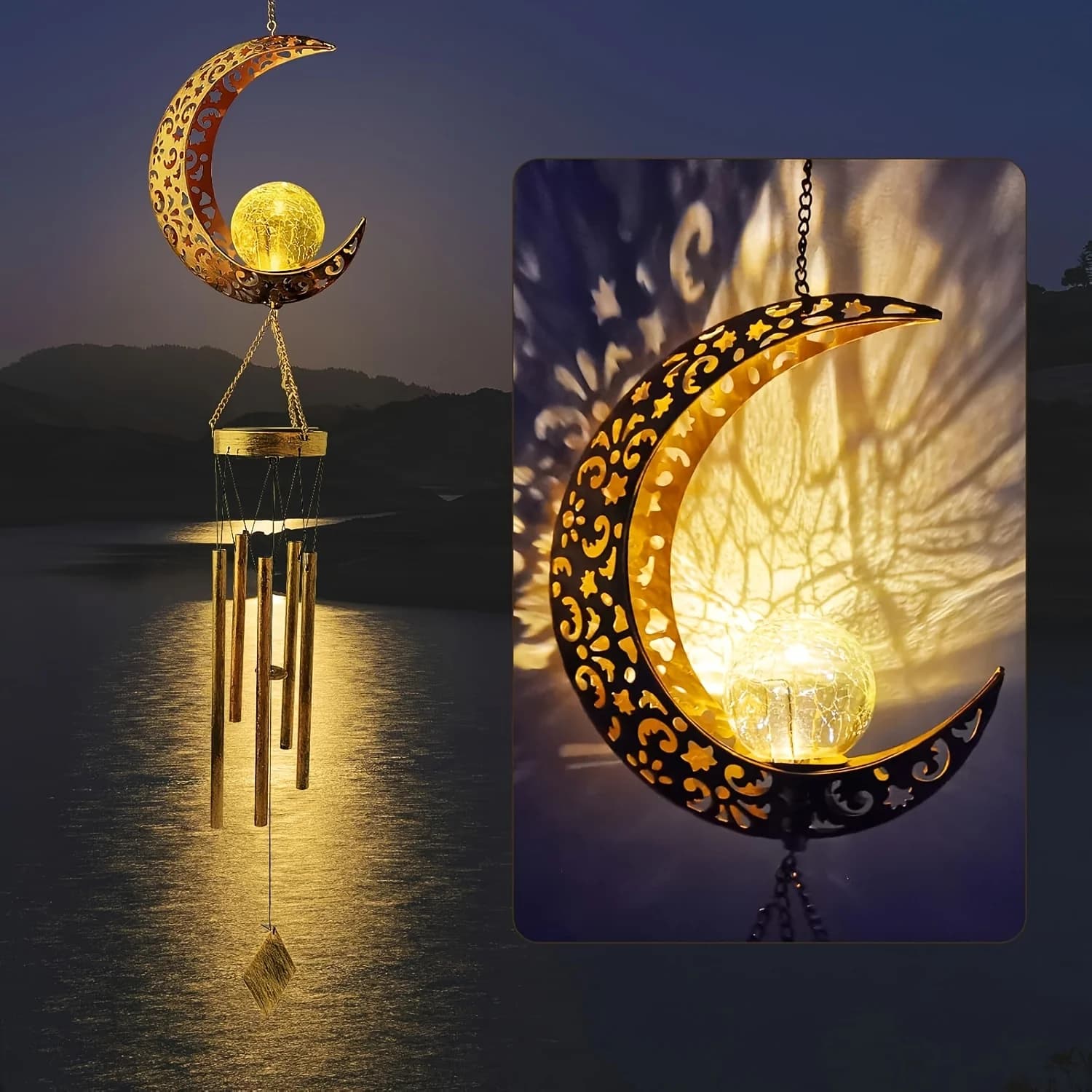 Campanelli eolici lunari, campanelli eolici con sfera di cristallo, adatti per appendere decorazioni esterne, luci solari per decorazioni esterne
