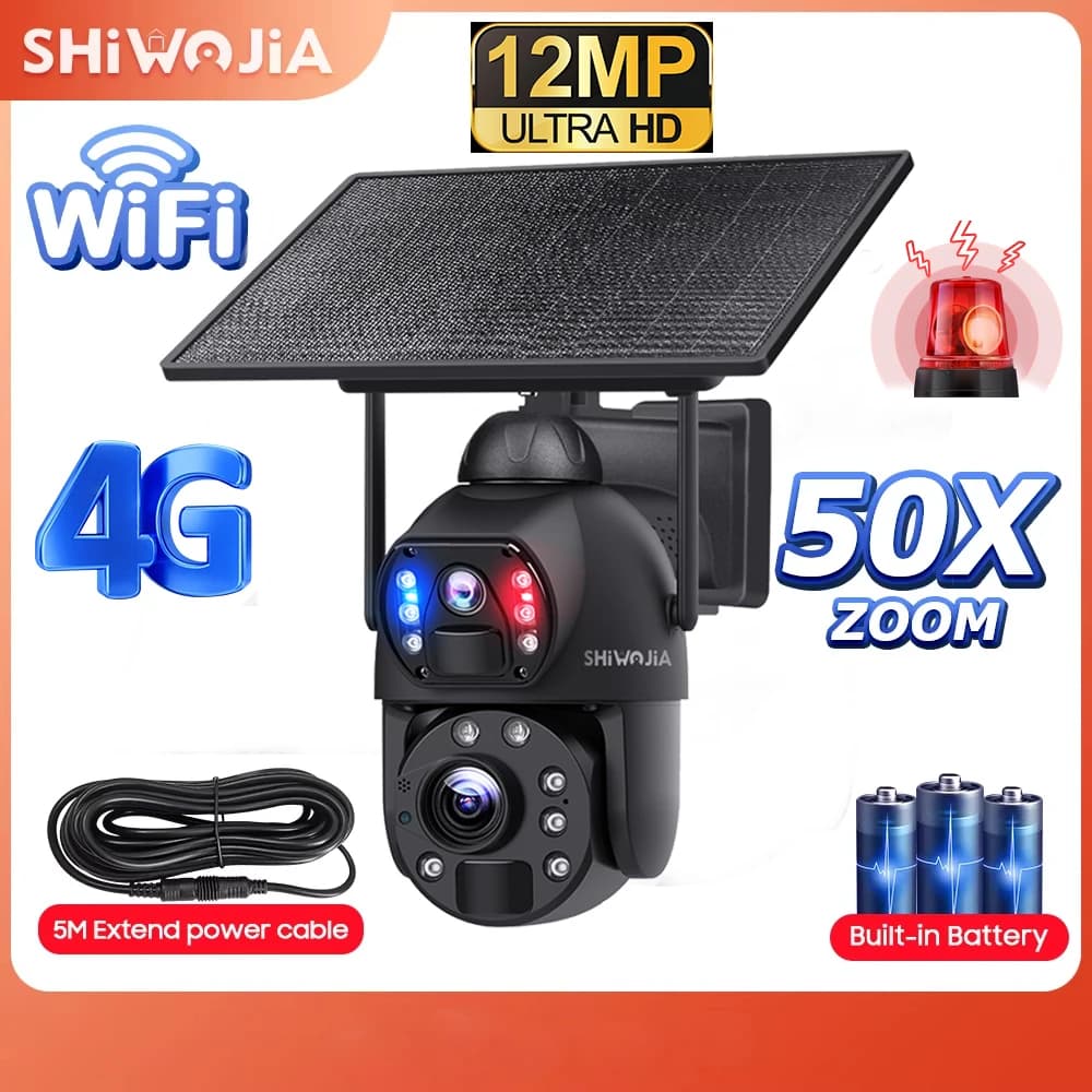 SHIWOJIA Solar camera ZOOM 50X 4G 12MP Double lens 360 ° View IP PTZ camera from external security with 10 W solar panel, 20000 mAh UBOX battery