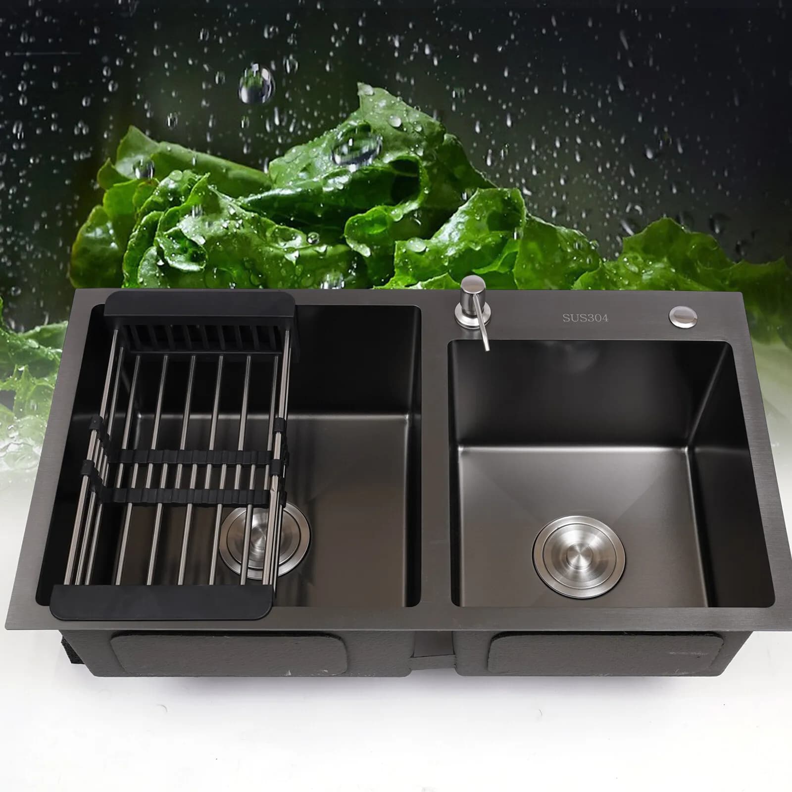 Cestello inserto per lavello da cucina in acciaio inossidabile con doppia ciotola con scolapiatti + dispenser di sapone