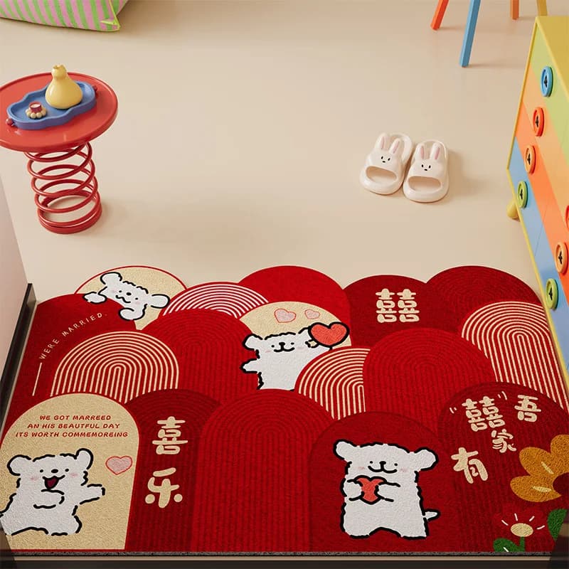 Nice entrance carpet for wedding with dog, red, anti-slip, customizable, mud scraper, silk, for entrance door, home decoration