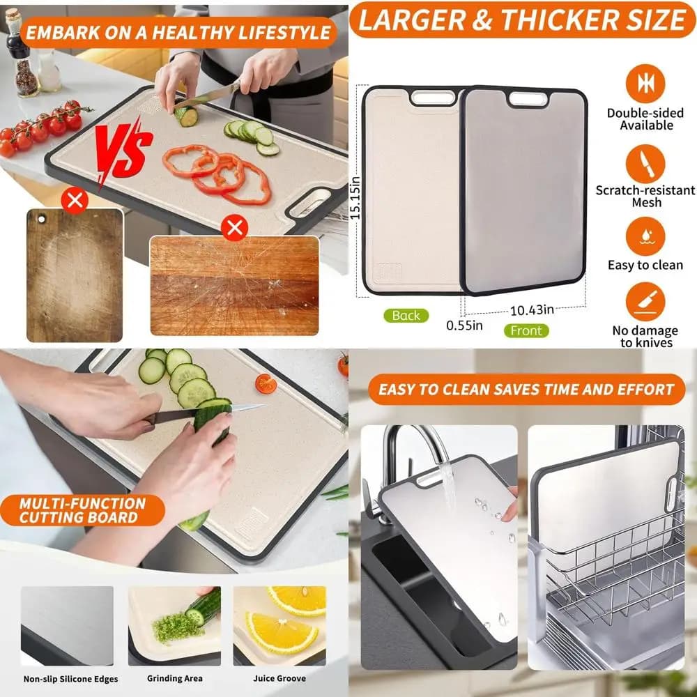 Durable double-sided cutting: large size, food titanium and wheat straw, non-slip and easy to clean