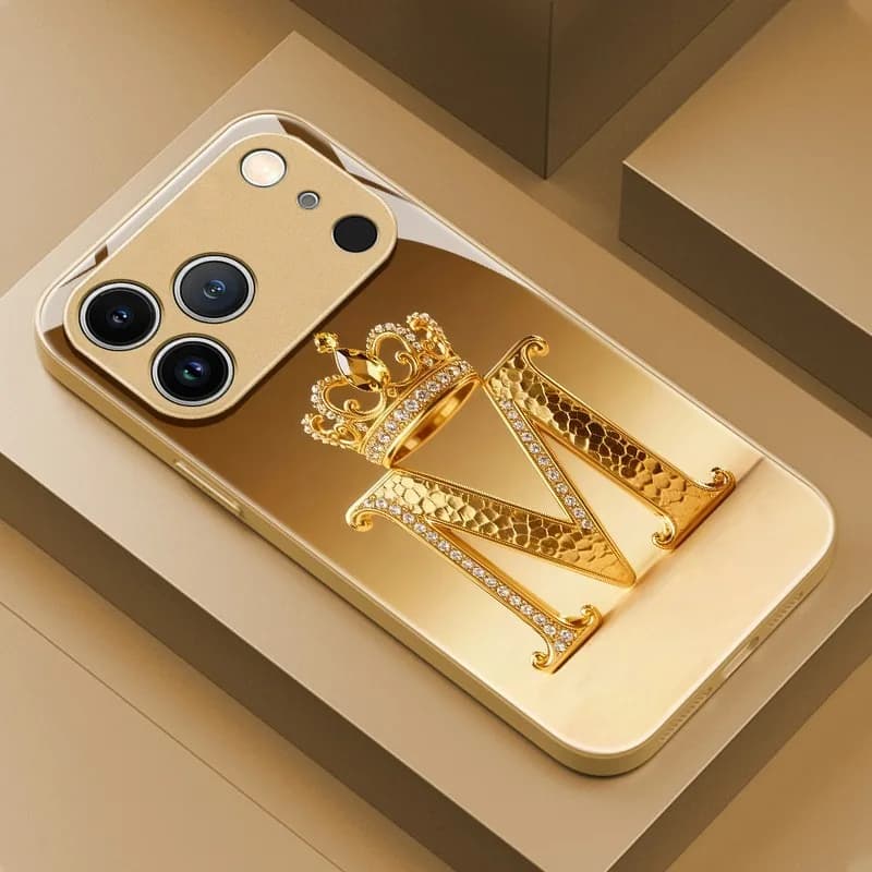 Di lusso Corona D'oro Lettera M Modello Vernice Metallica Cassa Del Telefono In Vetro Per iPhone 17 Pro Max 11 12 13 14 15 16 Plus 17 Air 16E copertura