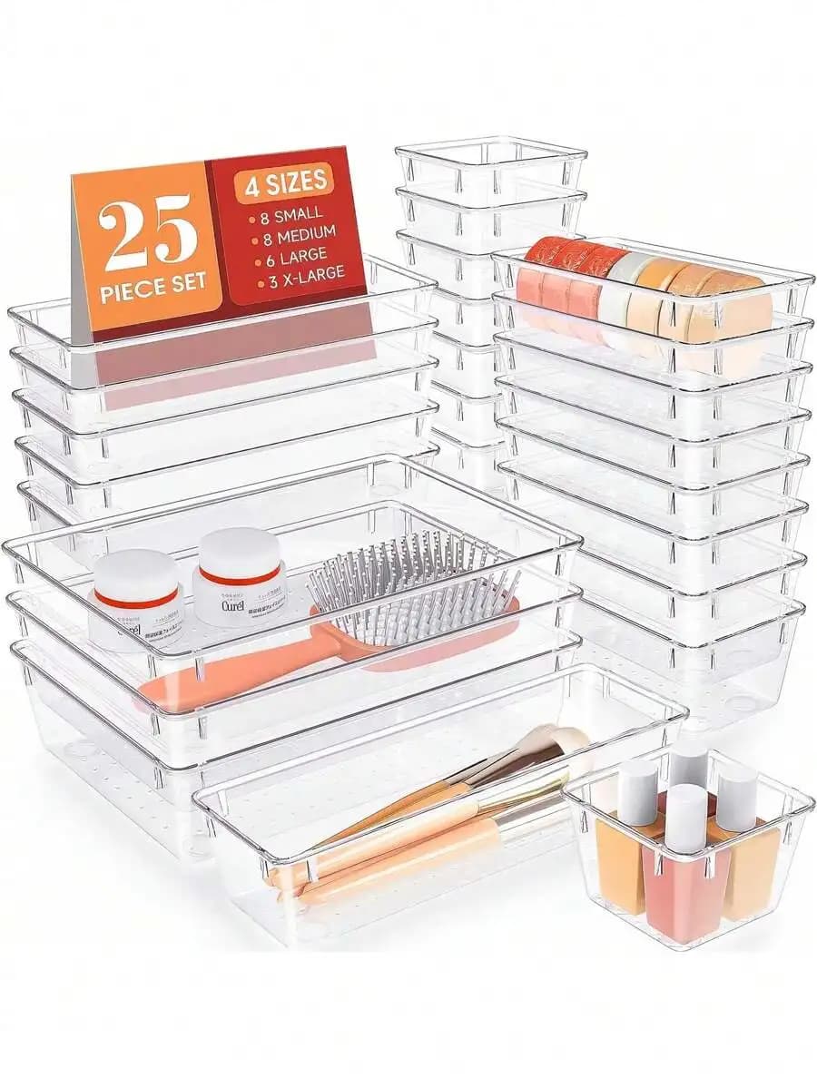 Asnews Set di organizer per cassetti in plastica trasparente da 25/44 pezzi, divisori per cassetti da scrivania in 4 misure, contenitori per trucchi, gioielli, gadget per camera da letto, bagno, ufficio