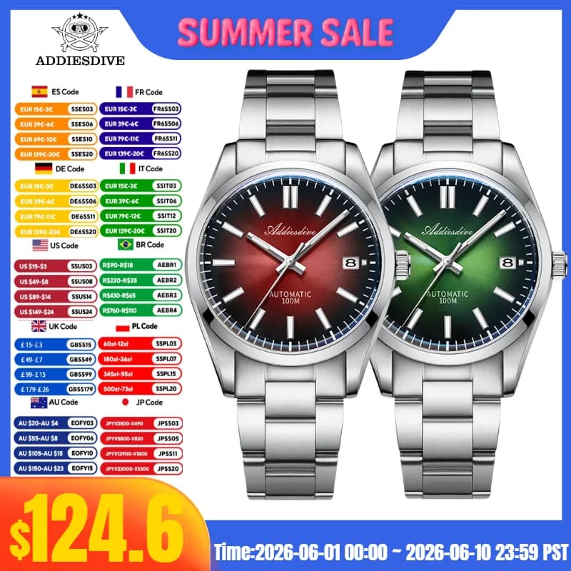 ADDIESDIVE TOP Watch hot for man Sunburst dial sapphire crystal 10Bar immersion BGW9 luminous NH35A automatic mechanical watches
