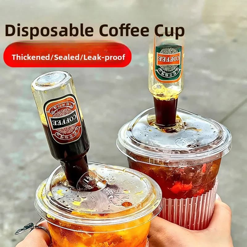 Disposable Plastic Coffee Cup Cocktail Shaker Convenient Double Hole American Style Milk Tea Cup with Spoon Integrated Lid