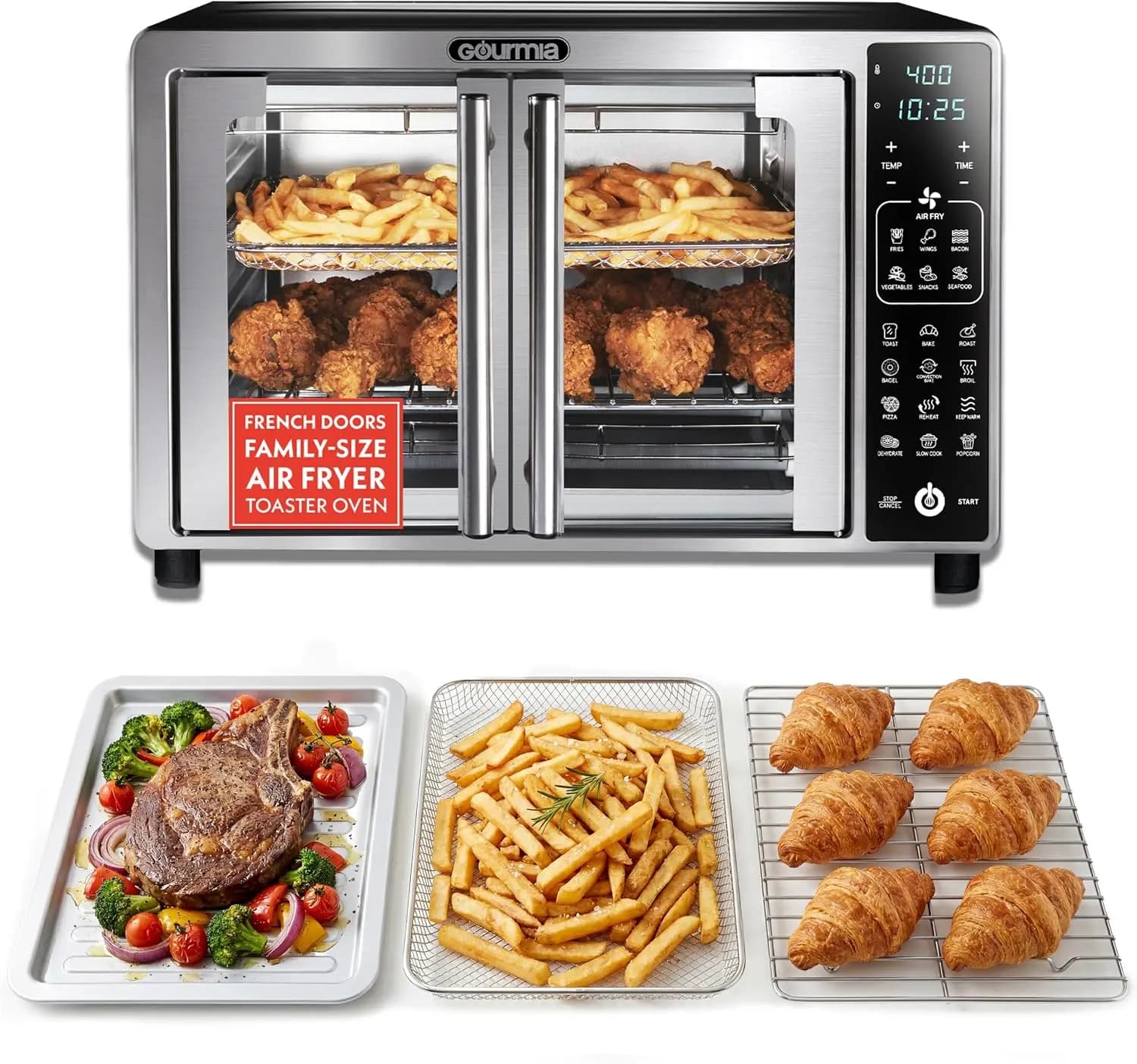 Stainless Steel French Door Toaster Oven with Air Fryer - 6-Slice Capacity, LED Display, 19 Cooking Presets