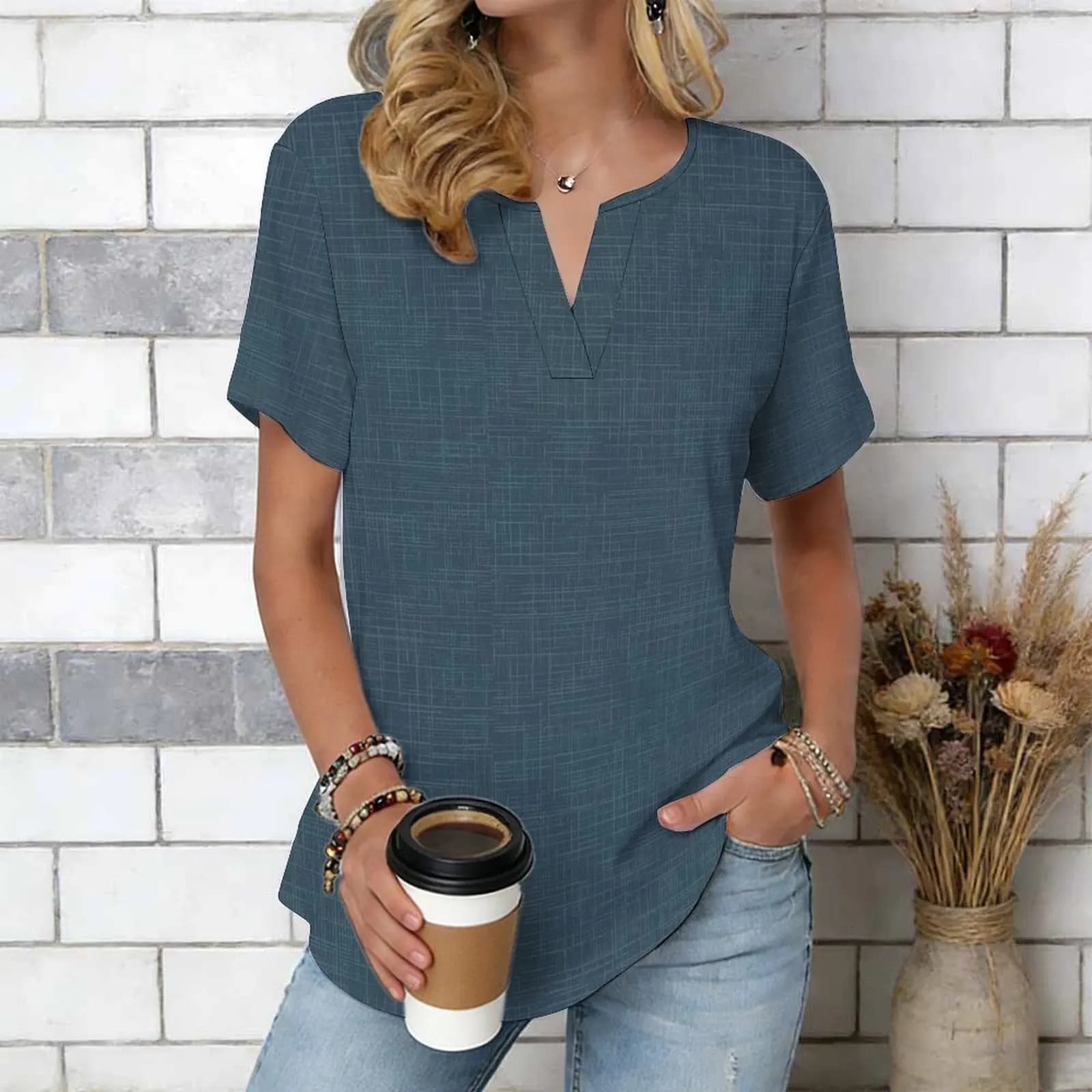 Women Print Notched V Neck Short Sleeve Casual Loose Tunic Tops