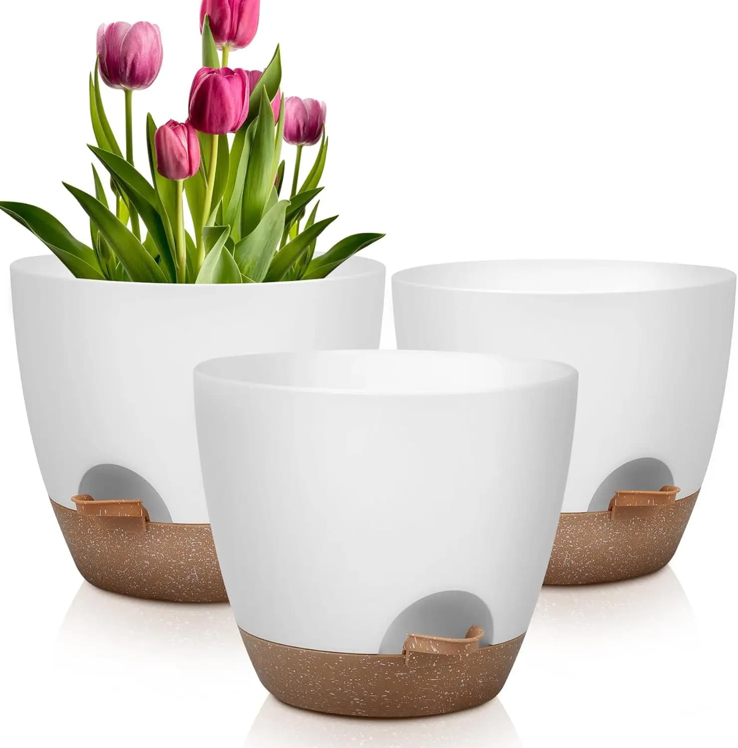 Set of 3 Auto-irrigating Vases with Draining Holes, Plastic Planters for Interior and Exterior in White
