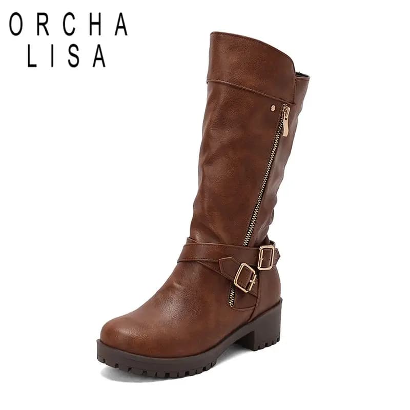 ORCHALISA Retro Ladies Mid Calf Footwear Round Toe Thick Heel 5cm Raised Base Zipper Buckle Extended Sizes 44 45 Daily Shoes