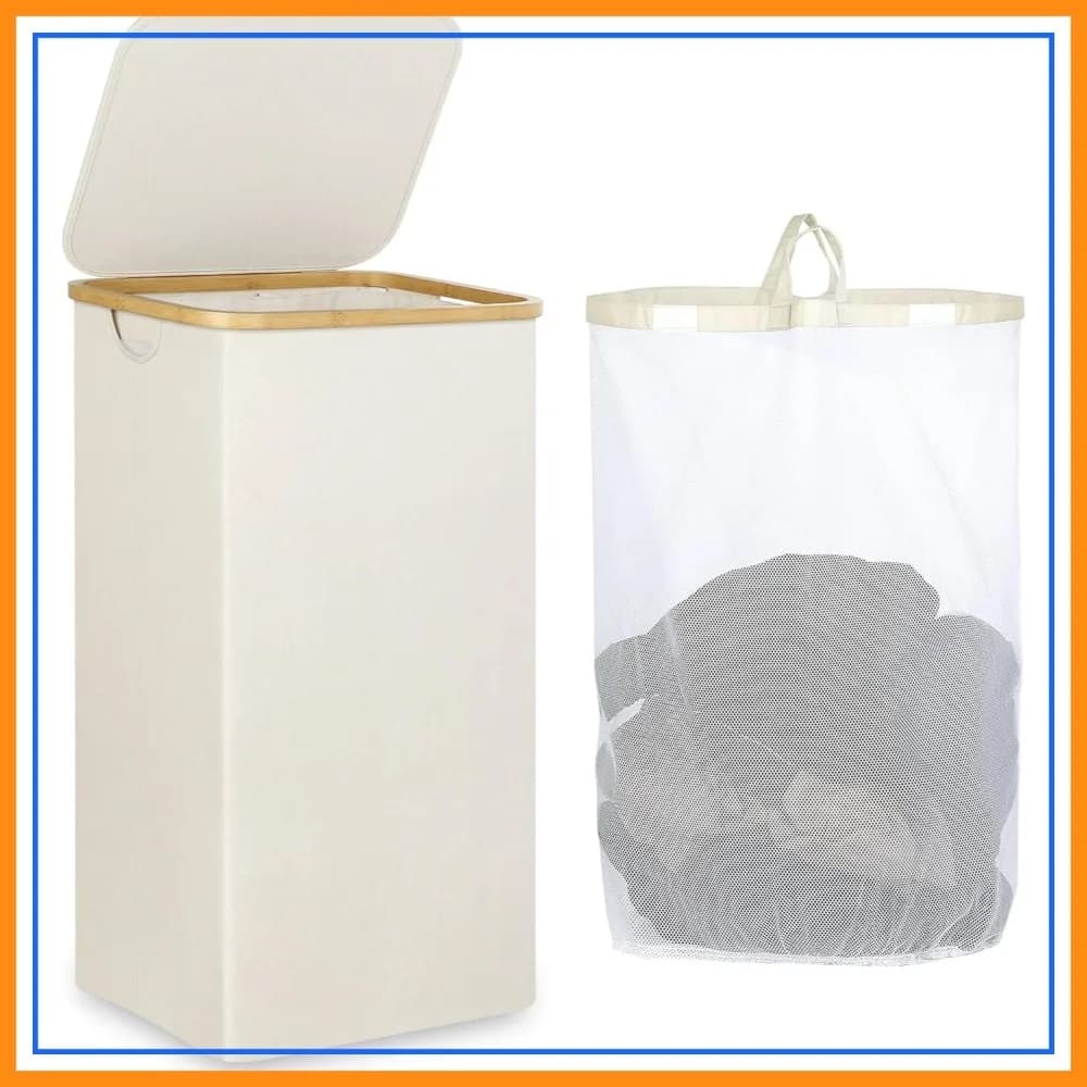 Cesto Portabiancheria Grande da 110L con Coperchio e Maniglia, Cesto Pieghevole per Vestiti con Sacca Interna Rimovibile per Giocattoli e Asciugamani - Beige