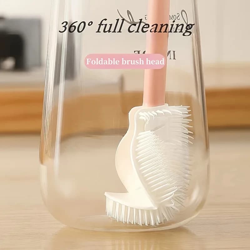 360 degree folding full cleaning silicone brush with long handle design, reusable for bottles and cups