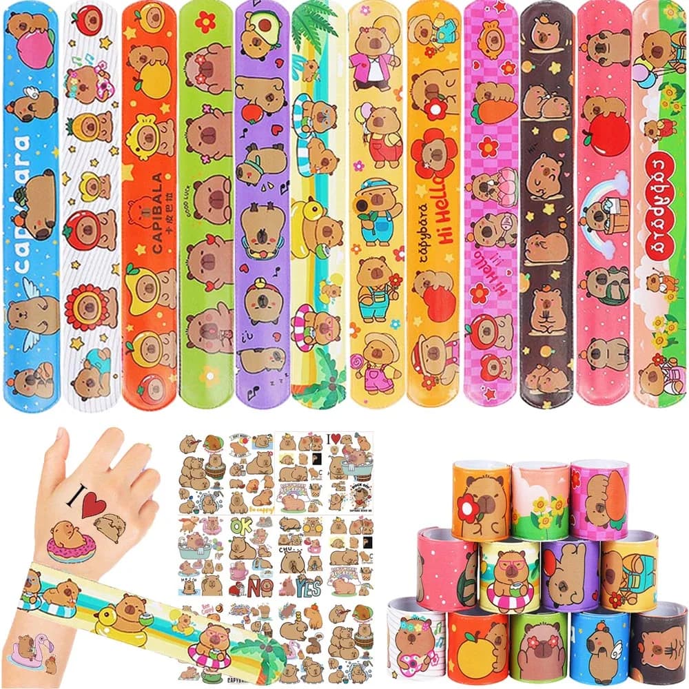124 PCS Capybara Party Favors Set - 100 Temporary Tattoos Sticker & 24 Slap Bracelets For Birthday Parties Decorations Supplies