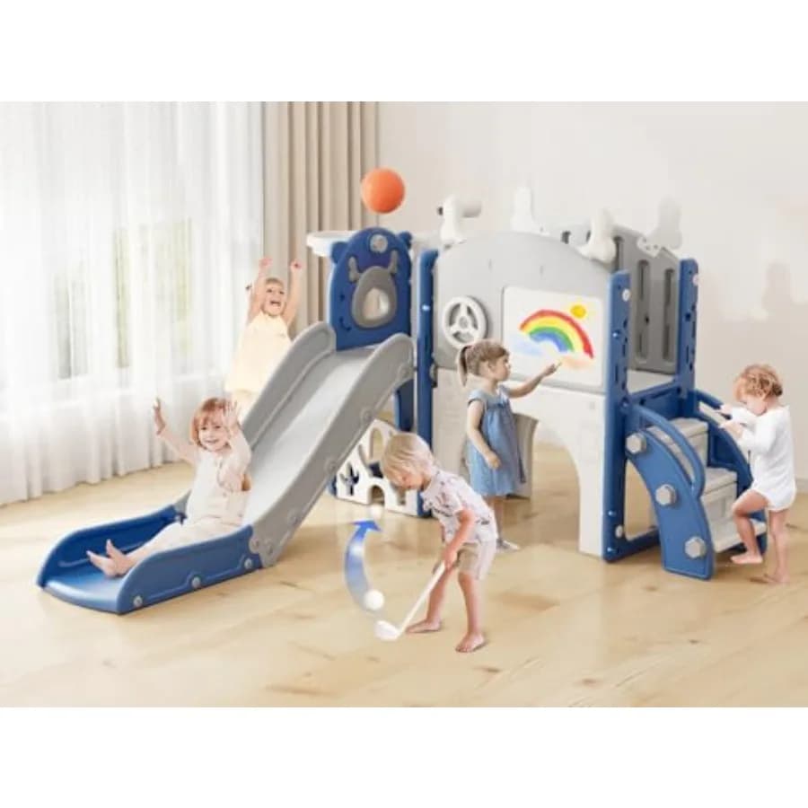 Scivolo per Bambini 12 in 1 per Bambini da 1-3 Anni con Set da Golf, Canestro da Basket, Lavagna da Disegno, Set da Gioco per Interni ed Esterni Blu