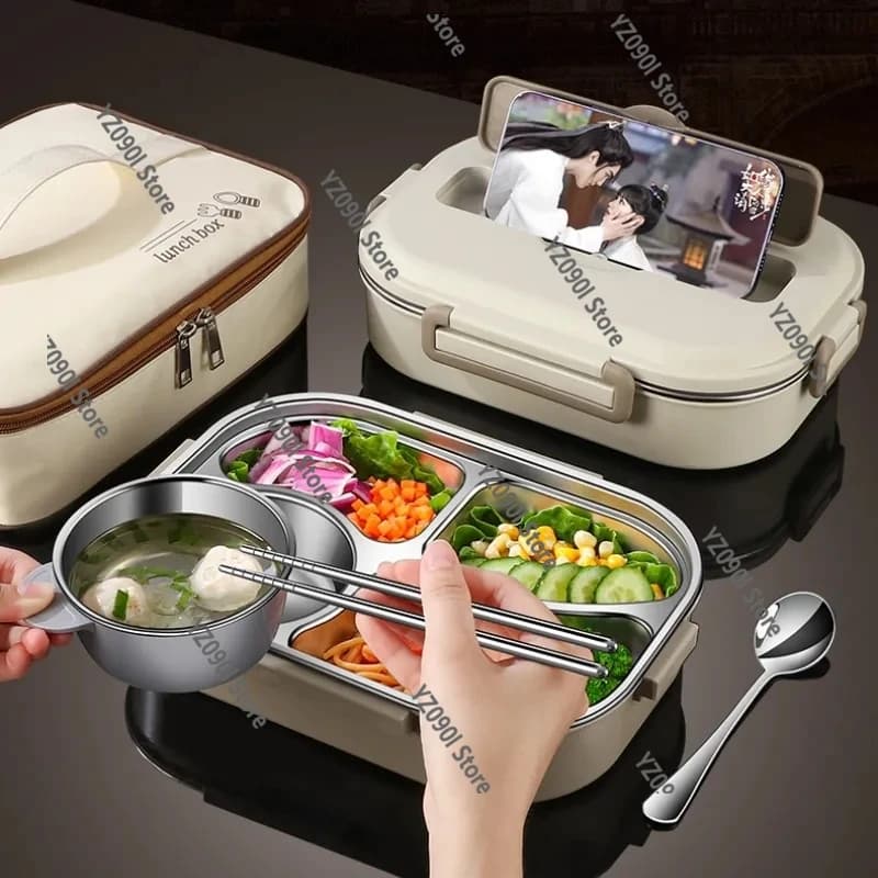 Contenitore per Alimenti Multi-Scomparto in Acciaio Inox 304, Isolato, Adatto al Microonde, Ermetico, Stile Bento