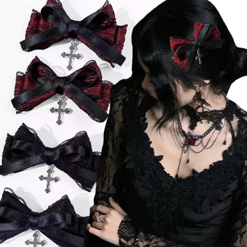 Y2k Fermagli per capelli con fiocco in pizzo con ciondolo croce gotica per donna Ragazze Forcine personalizzate dolci e fresche scuri Accessori per capelli Lolita Girl