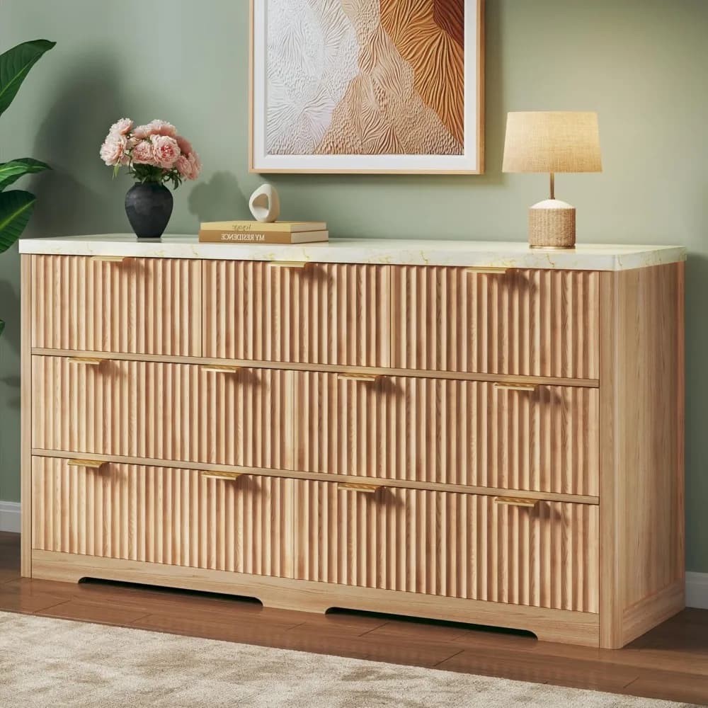 Cassettiera per Camera da Letto con 7 Cassetti, 135 cm di Larghezza, Stile Mid-Century Moderno con Piano in Finto Marmo e Maniglie in Metallo, Mobile in Legno