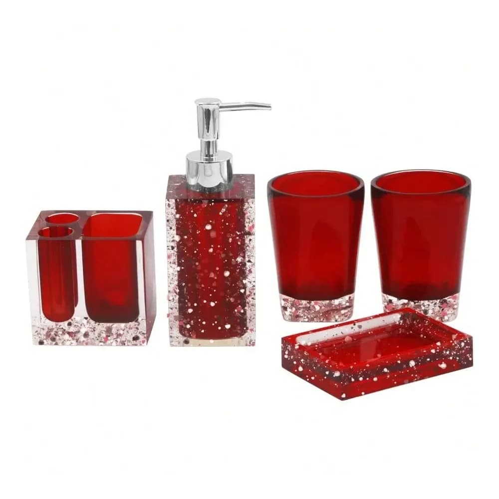 Set di accessori da bagno in resina con portasapone, dispenser, portaspazzolino e bicchiere rosso