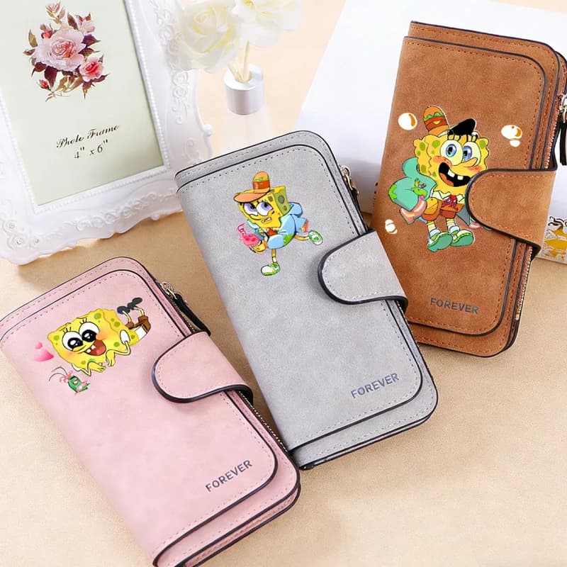SpongeBobs SquarePants PU Long Purse Printed Zipper Wallet Folded Wallets Cute Money Coin Purses Holder Female Leather Bags Gift