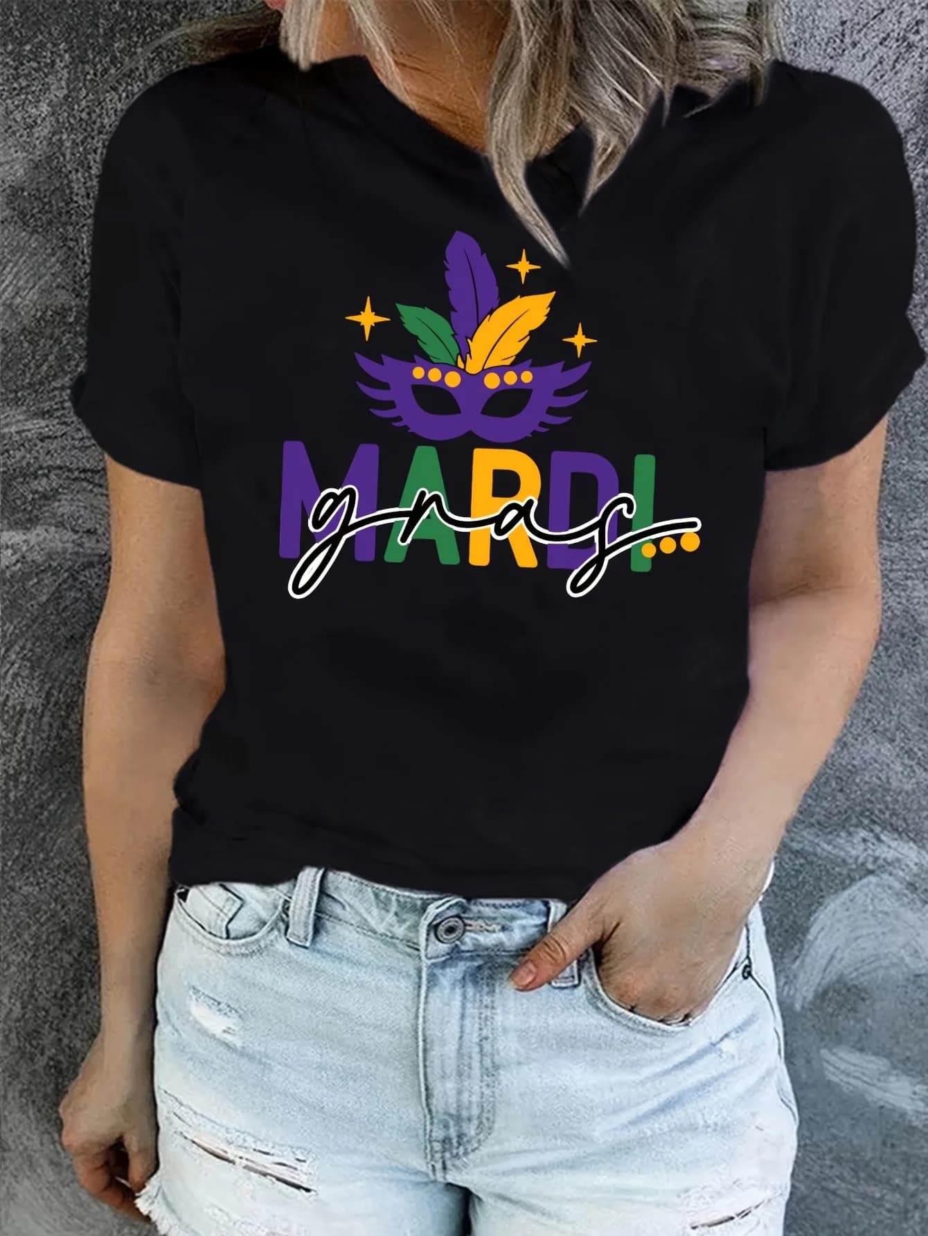 Women's Mardi Gras Print T-Shirt, 100% Polyester Short Sleeve Crew Neck Casual Top, Vacation Style Applique Detail, Knit Fabric Pullovers for Spring/Summer - H-Contour, 180Gsm