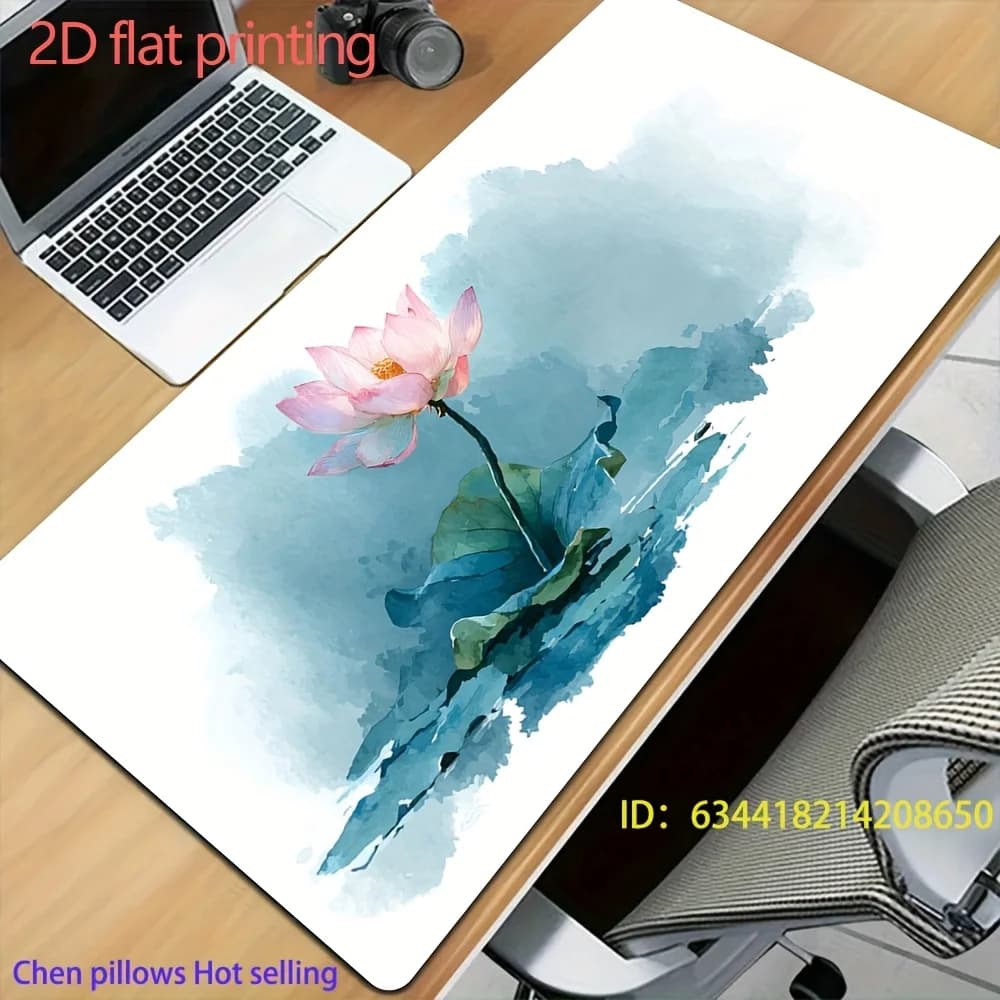Tappetino per Mouse Grande con Motivo Loto ad Acquerello, Tappetino da Scrivania Floreale Orientale, Decorazione per Ufficio e Gaming con Stampa 2D